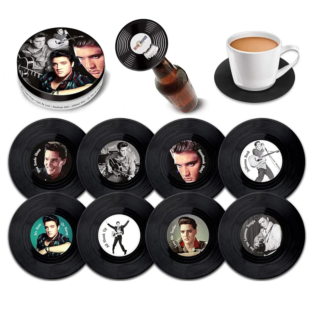Set of 8 Elvis Presley Music Disc Coasters - Black 7792243 0