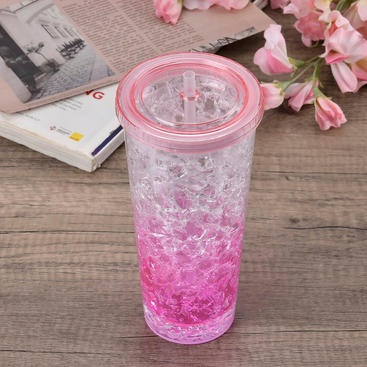 Double Wall Ice Crack Tumbler with Lid and Straw 600ml - Pink 7724112 2