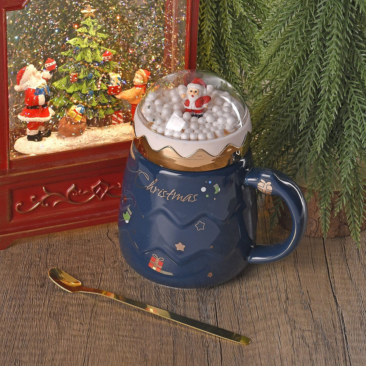 Christmas Ceramic Coffee Mug with Metal Spoon (470ml) - Blue 7542872 1