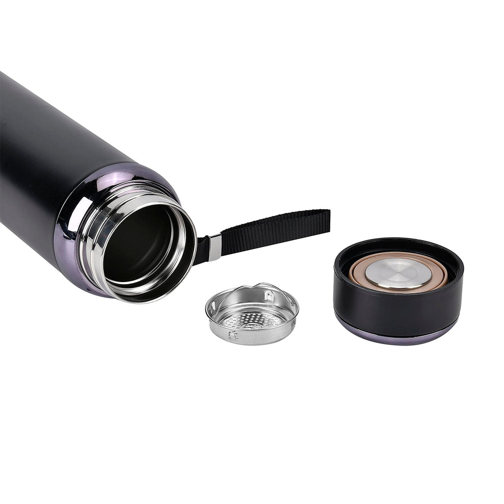 Double Wall Thermos Cup with Stainless Steel Filter and Lanyard 1000ml - Black