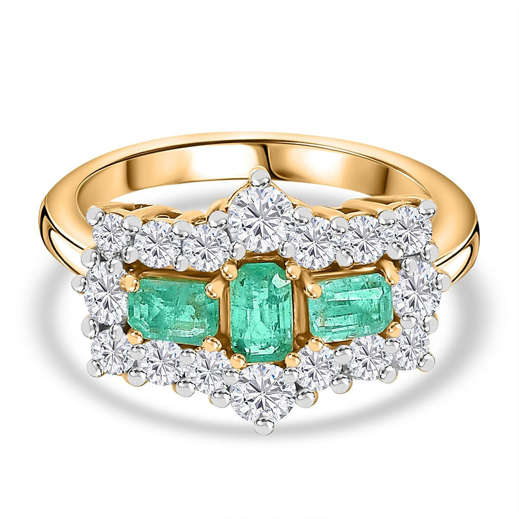 Boyaca Colombian Emerald & Moissanite Boat Ring in 18K Vermeil Yellow Gold Sterling Silver 1.81 Ct.