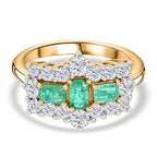 Boyaca Colombian Emerald & Moissanite Boat Ring in 18K Vermeil Yellow Gold Sterling Silver 1.81 Ct.