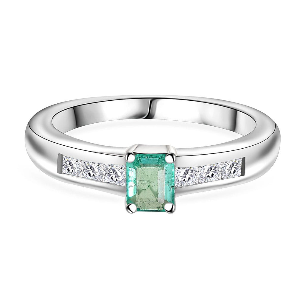 Colombian Emerald & Moissanite Solitaire Ring in Rhodium Overlay Sterling Silver