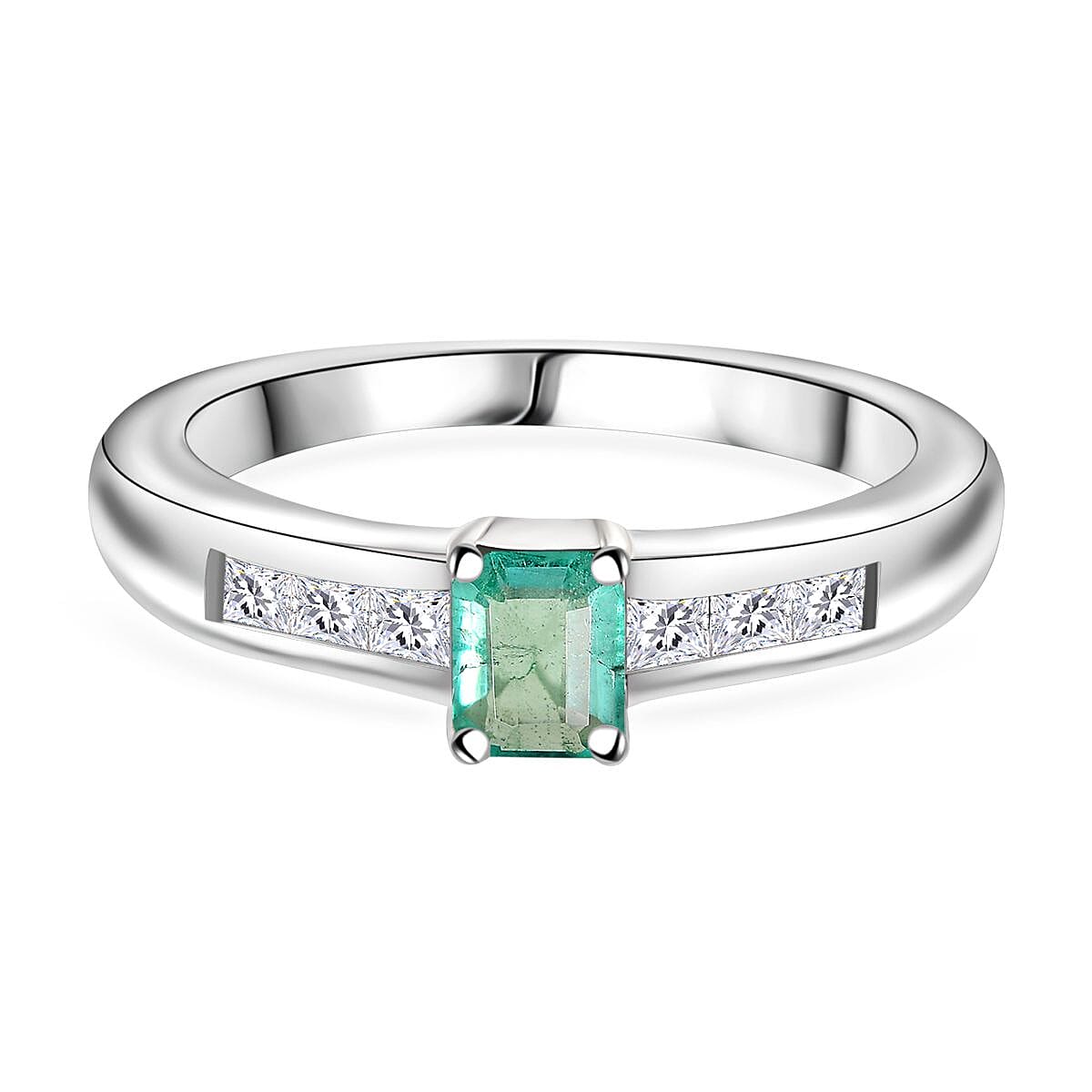 Colombian Emerald, Moissanite Solitaire Ring in Rhodium Overlay Sterling Silver 7891951 0