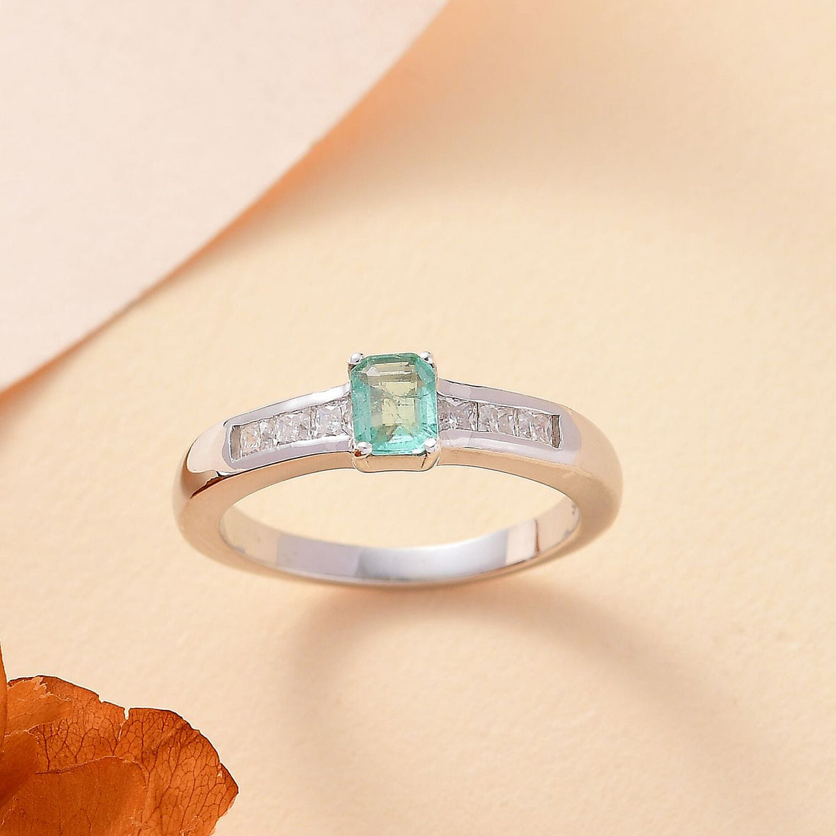 Colombian Emerald, Moissanite Solitaire Ring in Rhodium Overlay Sterling Silver 7891951 1