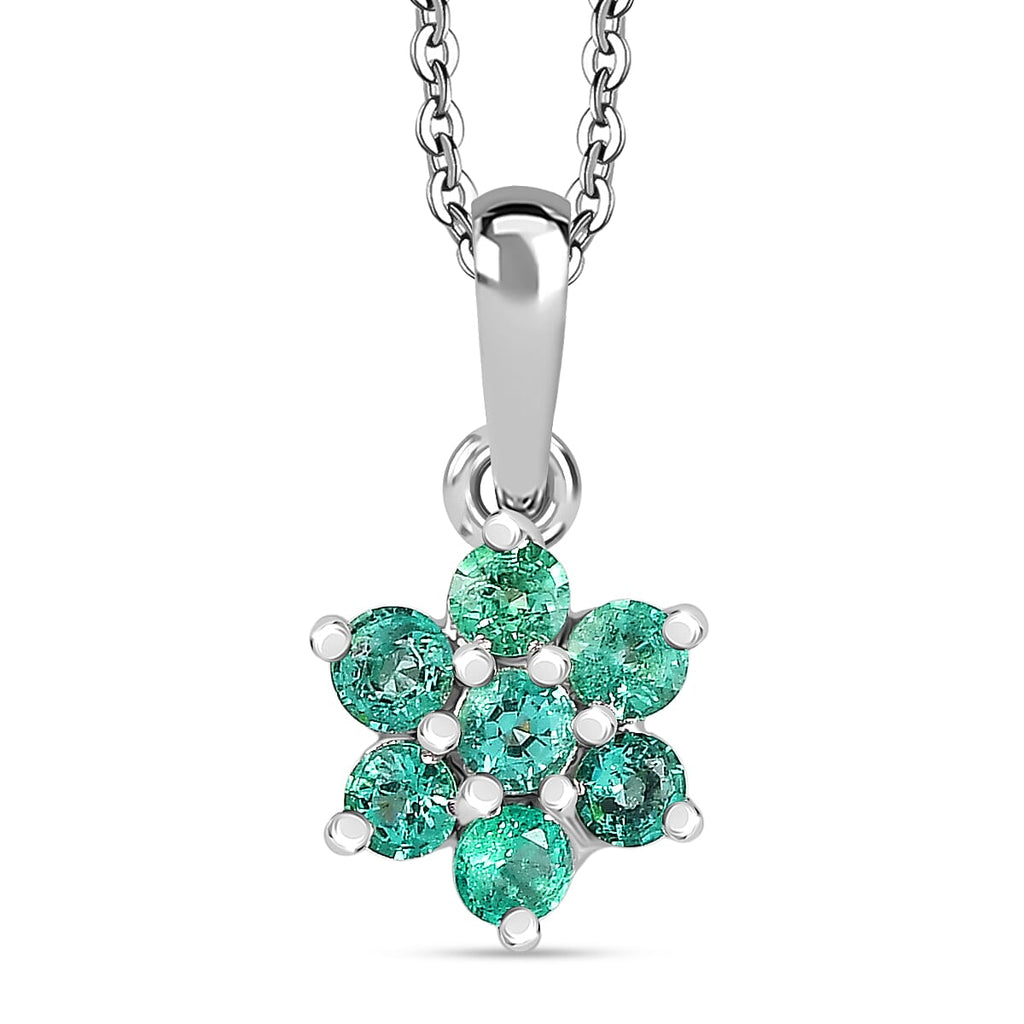 Colombian Emerald Flower Pendant with Chain (Size 20) in Rhodium Overlay Sterling Silver