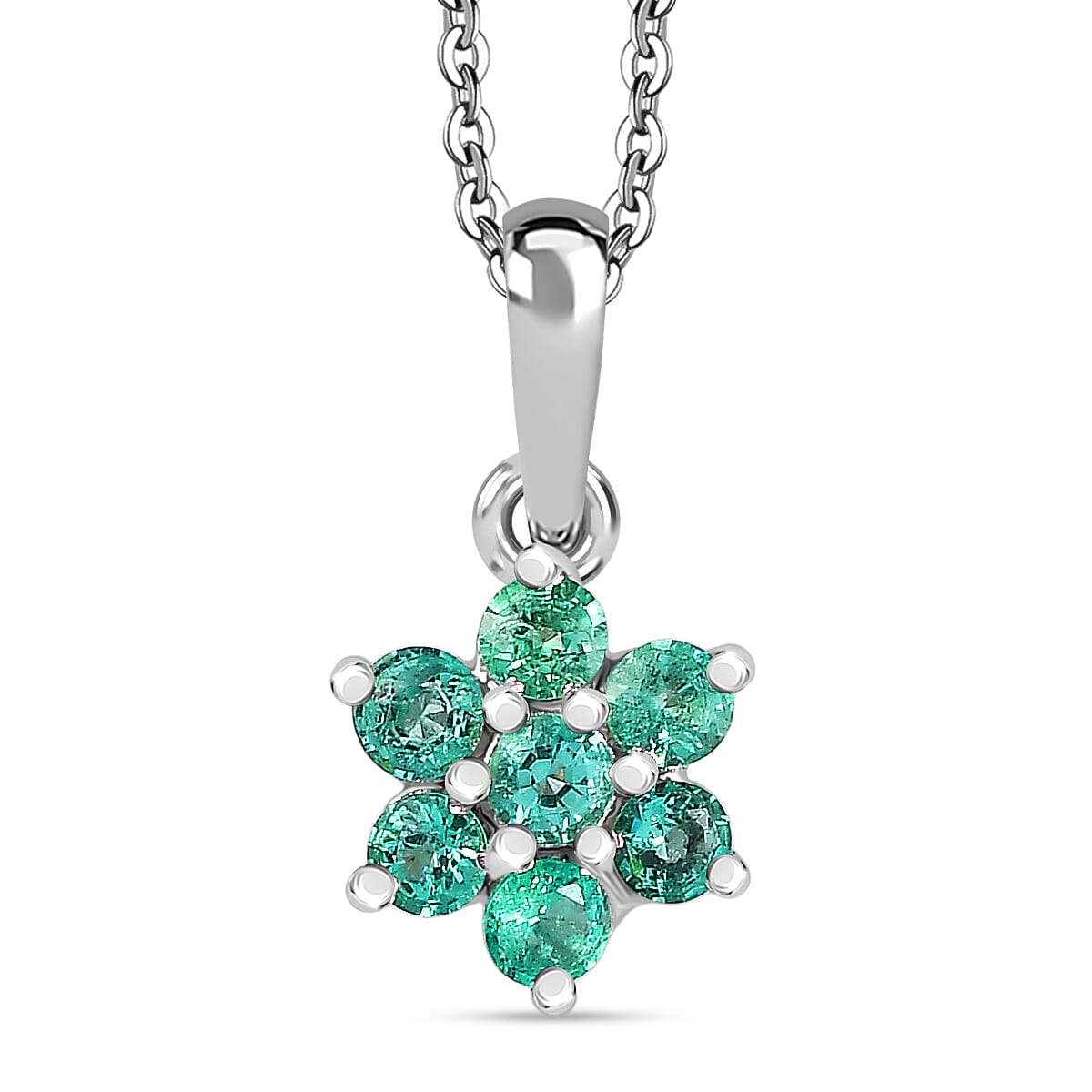 Colombian Emerald Flower Pendant with Chain (Size 20) in Rhodium Overlay Sterling Silver 4375348 0