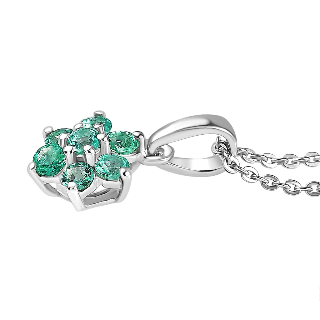 Colombian Emerald Flower Pendant with Chain (Size 20) in Rhodium Overlay Sterling Silver