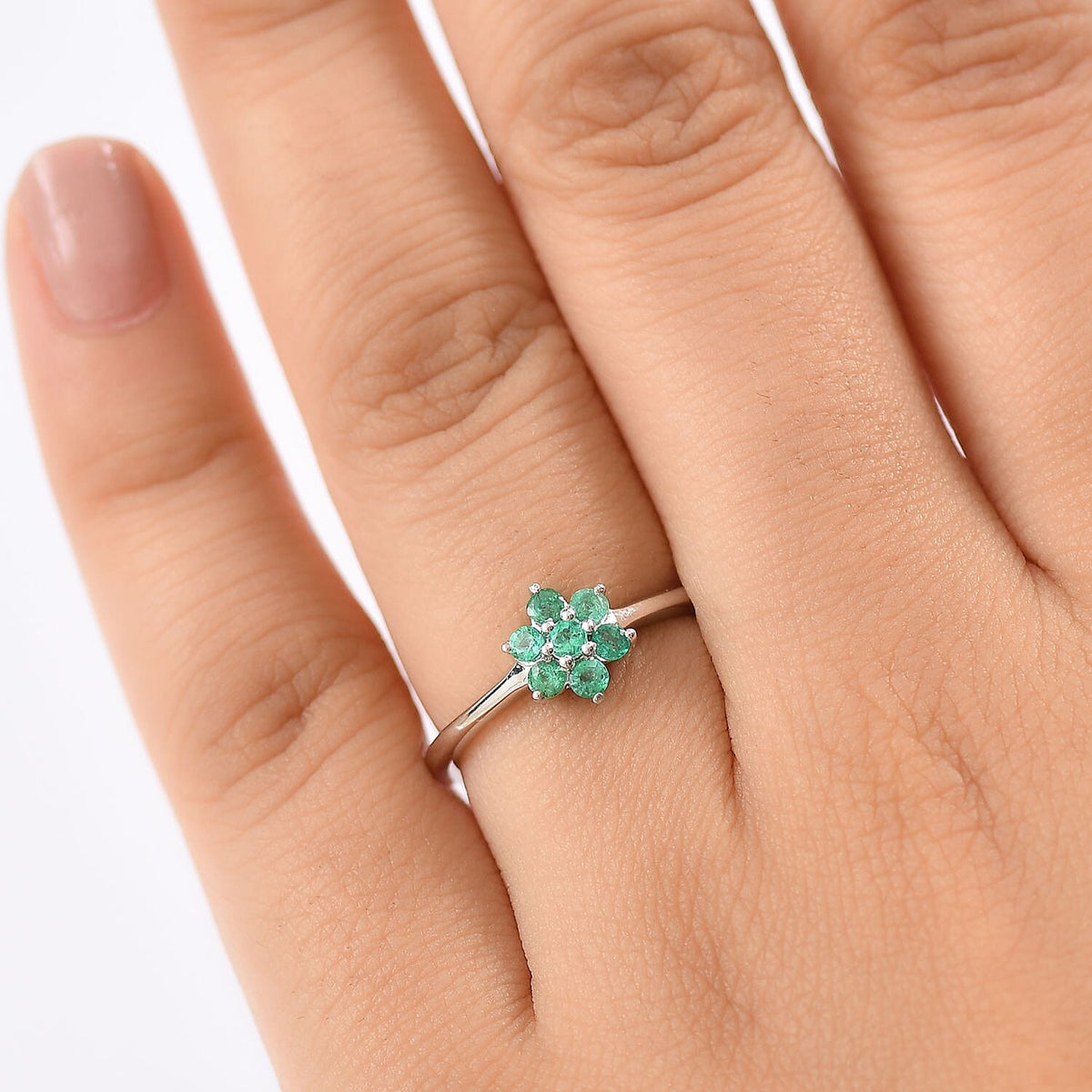 Colombian Emerald Solitaire Flower Ring in Rhodium Overlay Sterling Silver V32638397 3