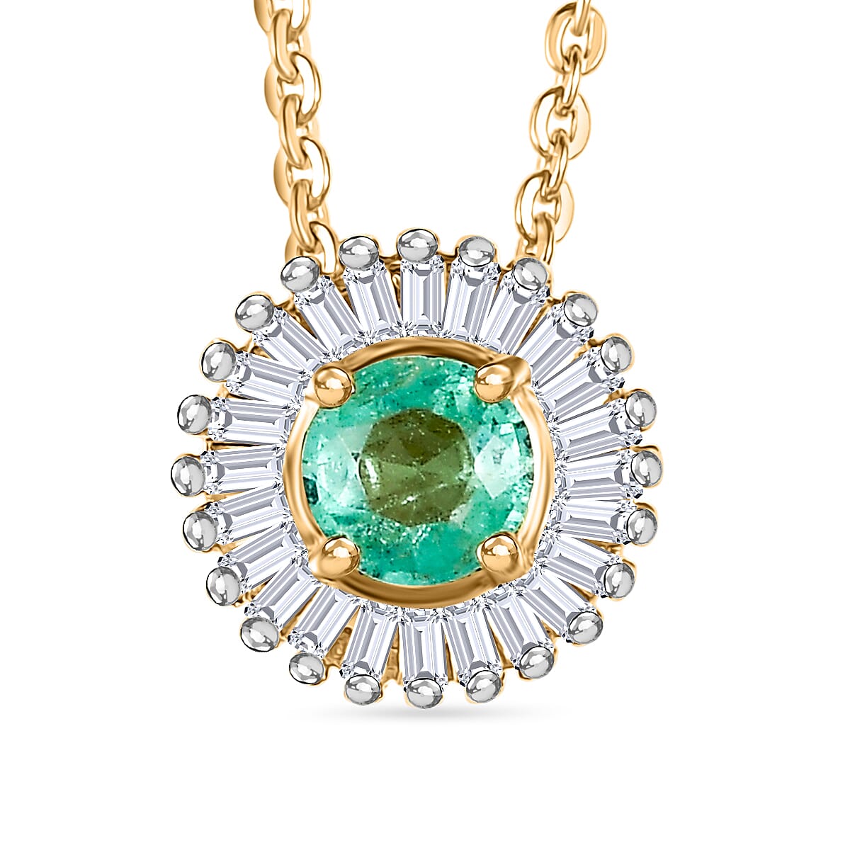 Colombian Emerald and White Diamond Halo Pendant with Chain (Size 20) in 18K Vermeil Yellow Gold Plated Sterling Silver V32638127 0