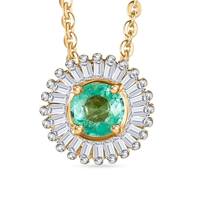 Colombian Emerald and White Diamond Halo Pendant with Chain (Size 20) in 18K Vermeil Yellow Gold Plated Sterling Silver
