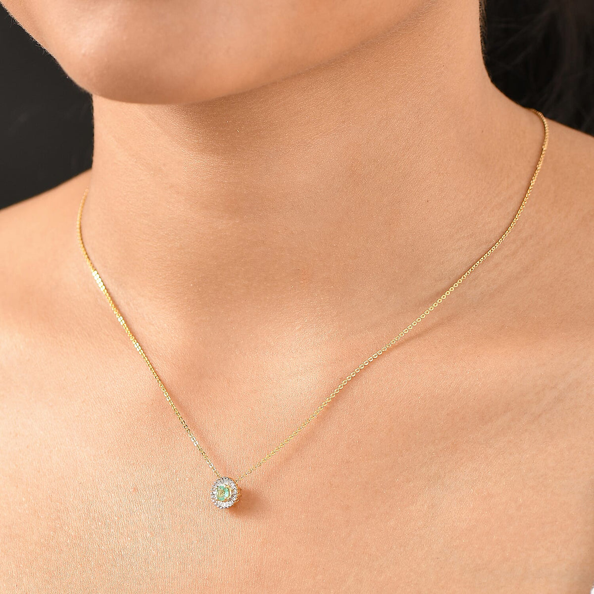 Colombian Emerald and White Diamond Halo Pendant with Chain (Size 20) in 18K Vermeil Yellow Gold Plated Sterling Silver V32638127 2