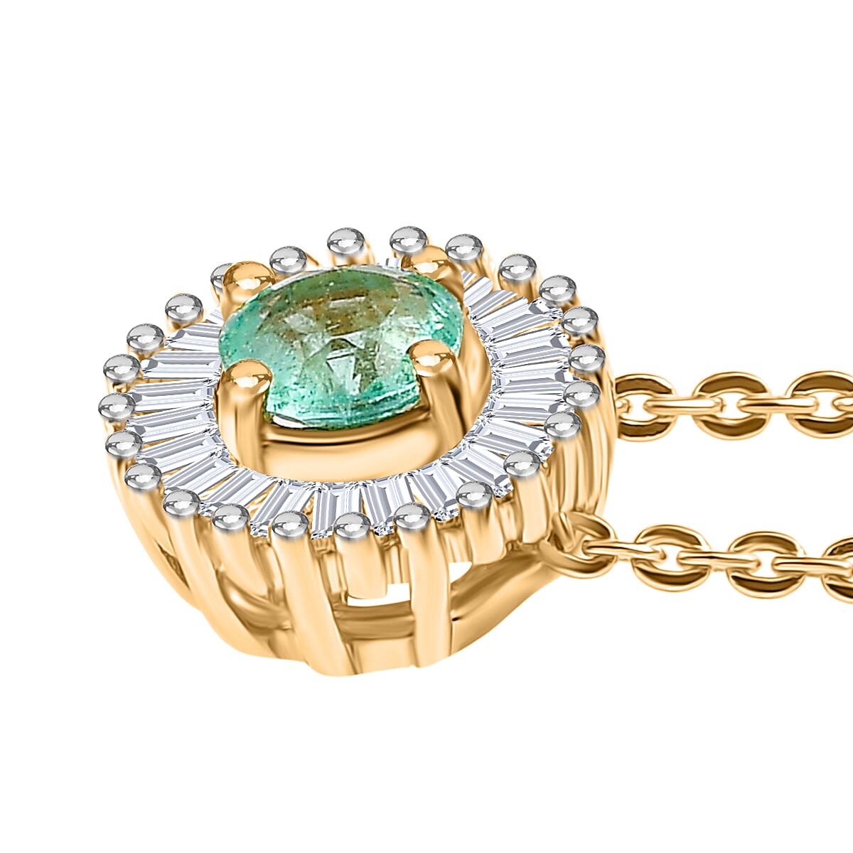 Colombian Emerald and White Diamond Halo Pendant with Chain (Size 20) in 18K Vermeil Yellow Gold Plated Sterling Silver V32638127 4