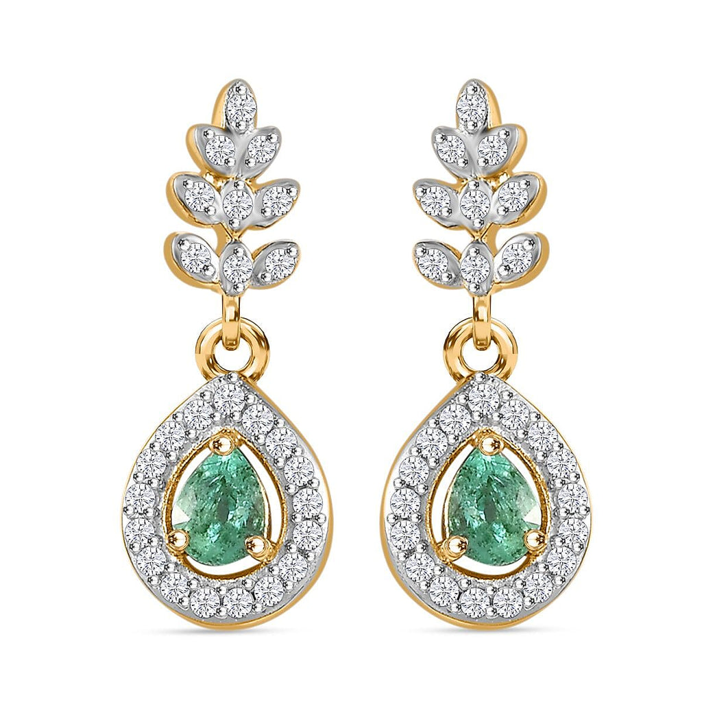 Colombian Emerald & White Zircon Dangling Earring in 18K Vermeil Yellow Gold Plated Sterling Silver