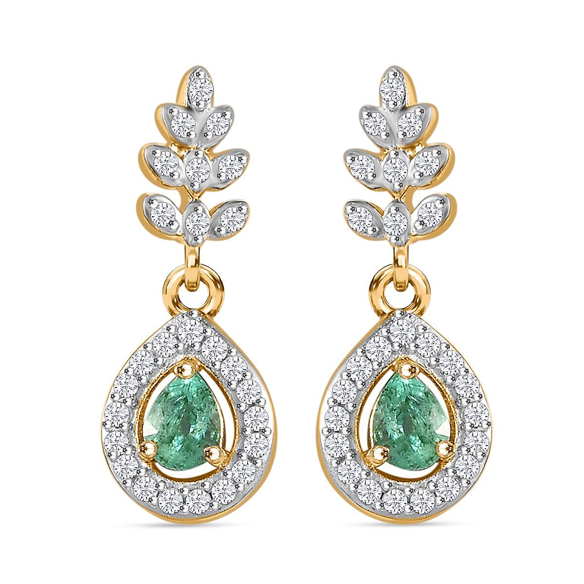 Colombian Emerald, White Zircon Dangling Earrings in 18K Yellow Gold Vermeil Plated Sterling Silver 7892266 0