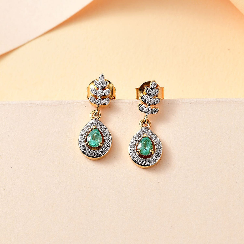 Colombian Emerald & White Zircon Dangling Earring in 18K Vermeil Yellow Gold Plated Sterling Silver