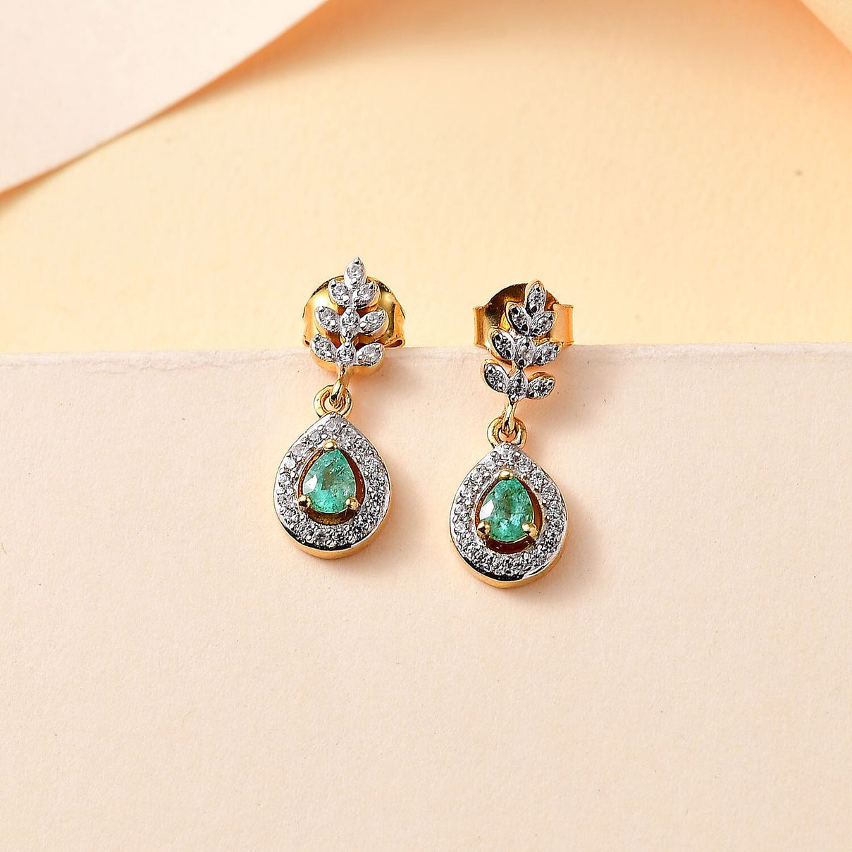 Colombian Emerald, White Zircon Dangling Earrings in 18K Yellow Gold Vermeil Plated Sterling Silver 7892266 2