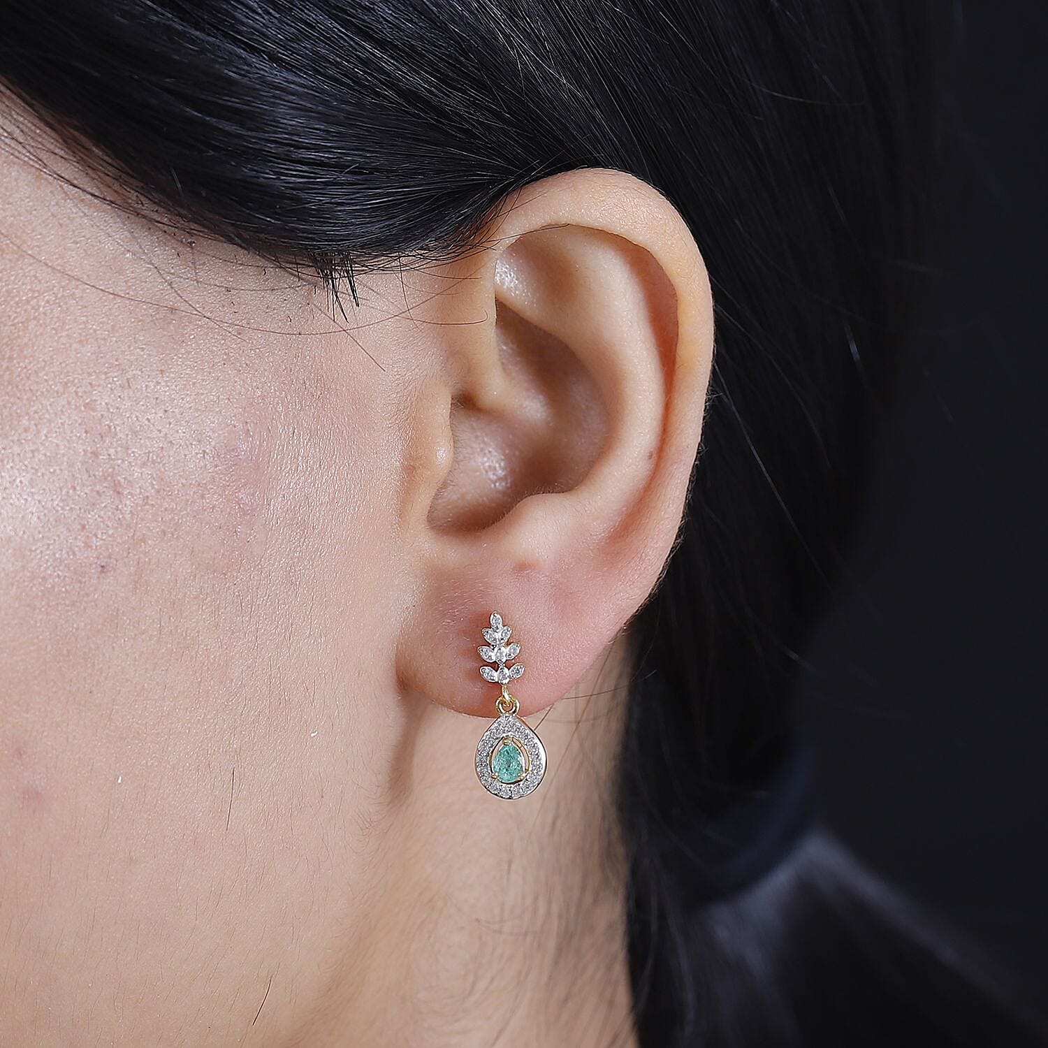 Colombian Emerald, White Zircon Dangling Earrings in 18K Yellow Gold Vermeil Plated Sterling Silver 7892266 3
