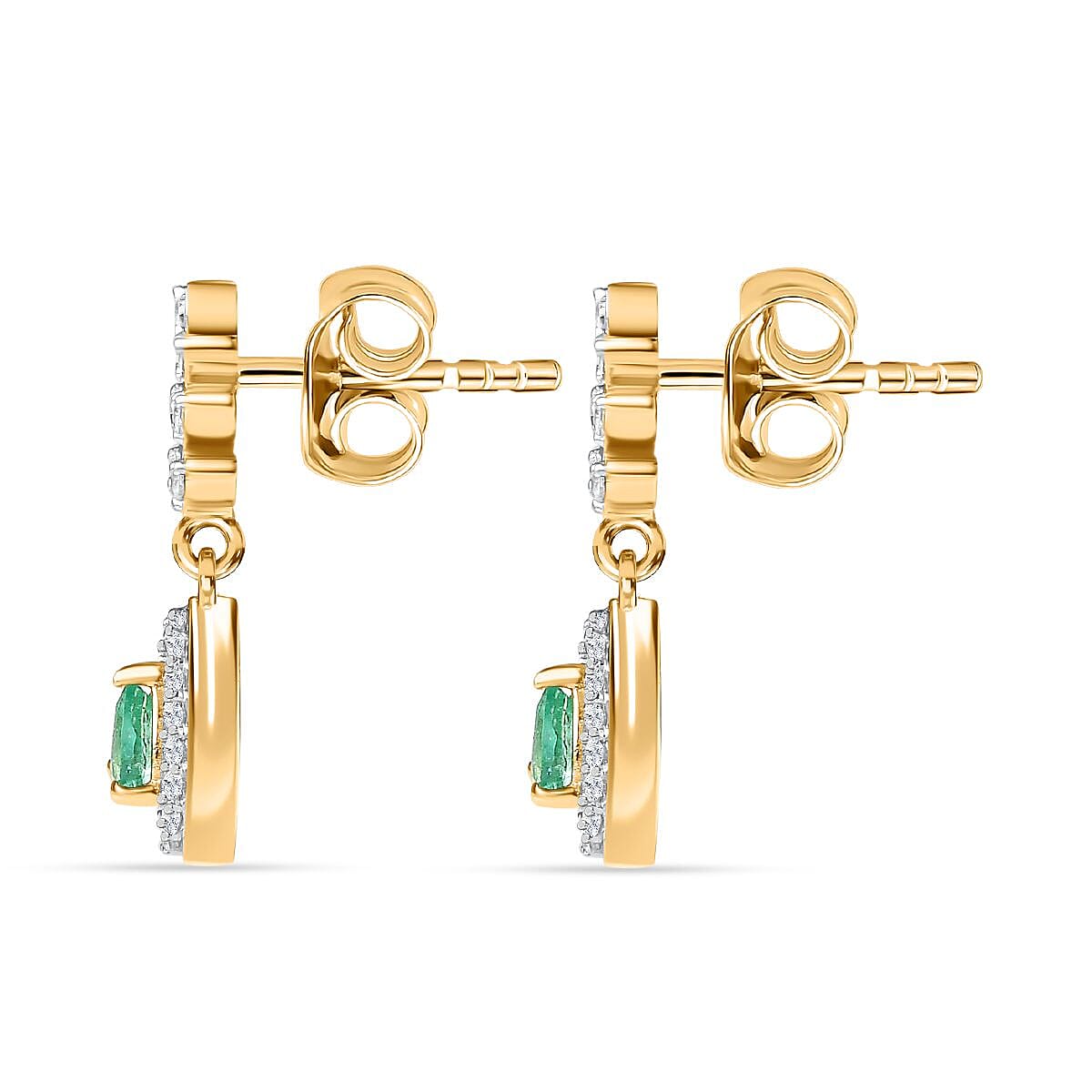 Colombian Emerald, White Zircon Dangling Earrings in 18K Yellow Gold Vermeil Plated Sterling Silver 7892266 4