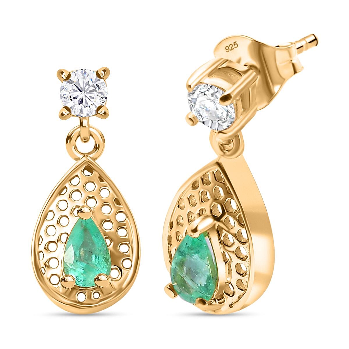 Colombian Emerald, White Zircon Dangling Earring in 18K Yellow Gold Vermeil Plated Sterling Silver 7892284 0