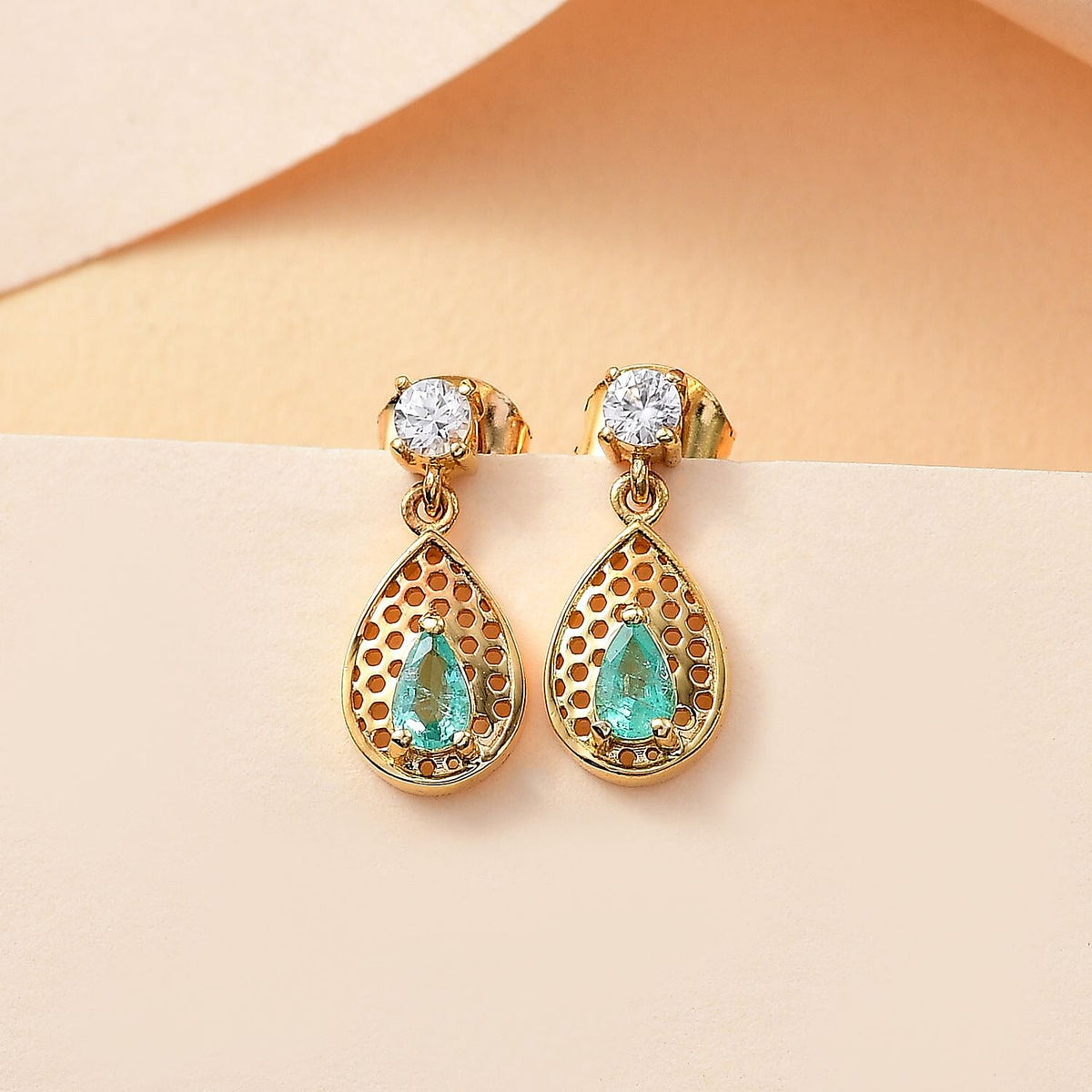 Colombian Emerald, White Zircon Dangling Earring in 18K Yellow Gold Vermeil Plated Sterling Silver 7892284 1