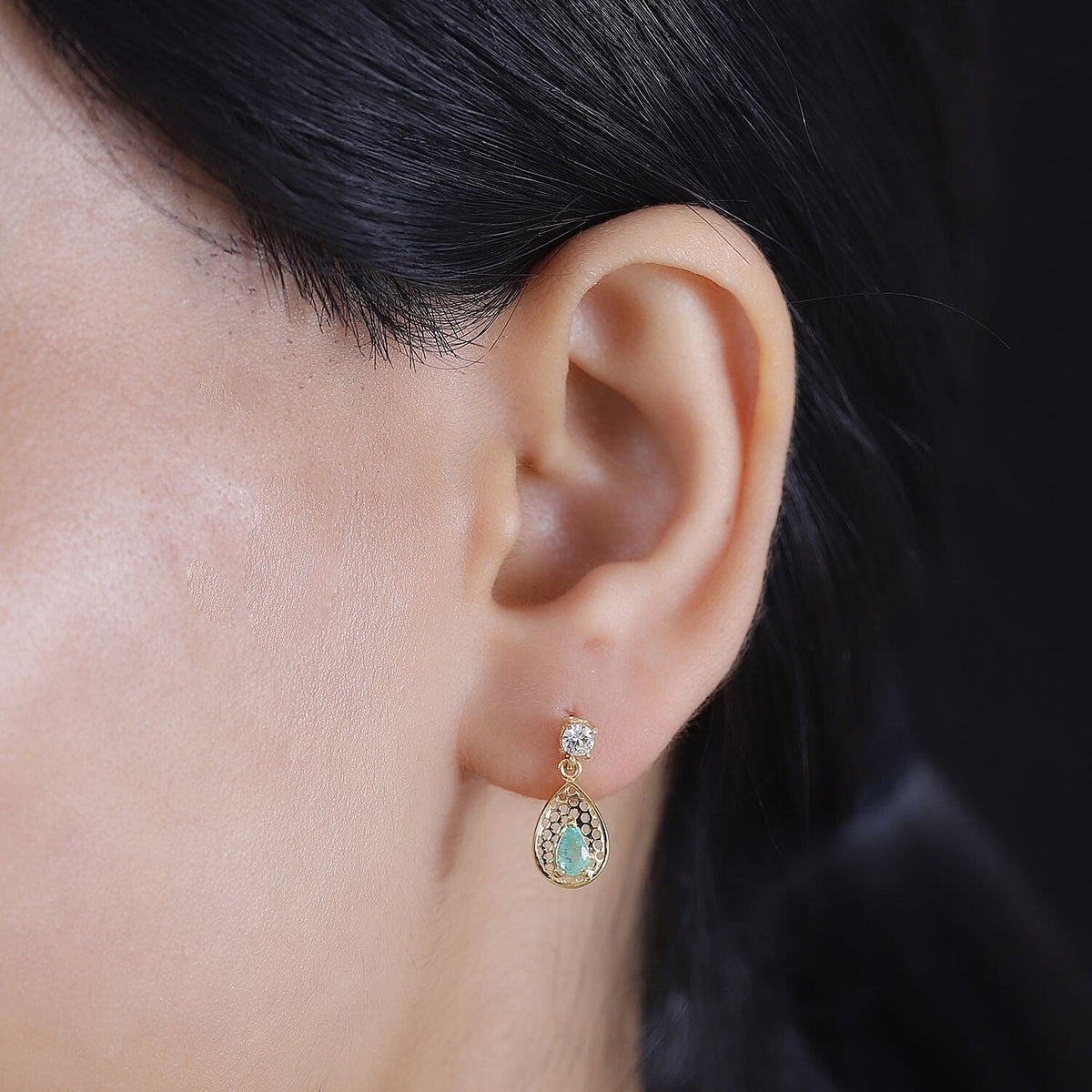 Colombian Emerald, White Zircon Dangling Earring in 18K Yellow Gold Vermeil Plated Sterling Silver 7892284 2