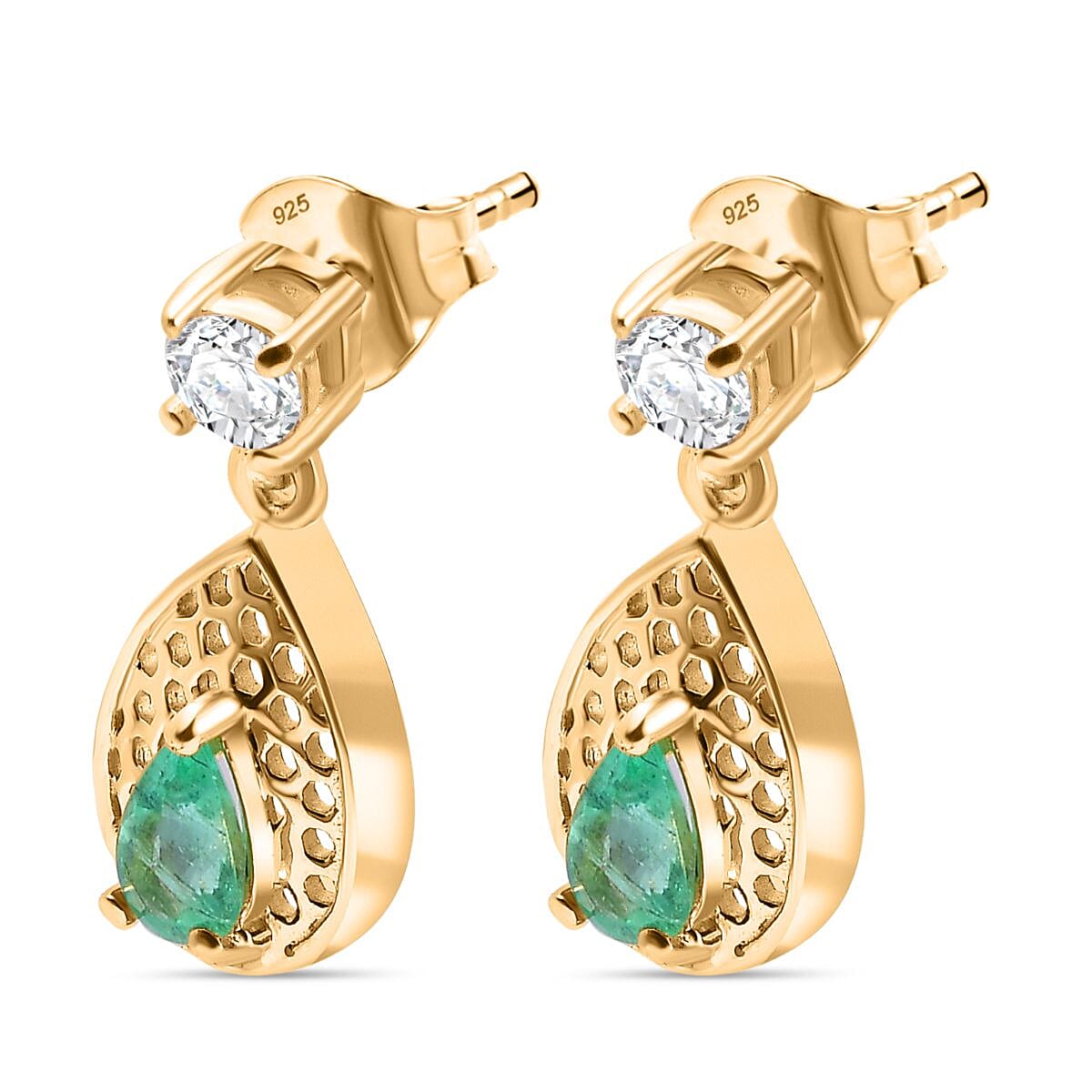 Colombian Emerald, White Zircon Dangling Earring in 18K Yellow Gold Vermeil Plated Sterling Silver 7892284 3