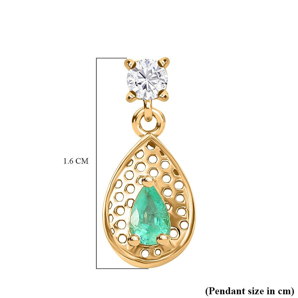 Colombian Emerald & White Zircon Dangling Earring in 18K Vermeil Yellow Gold Plated Sterling Silver 0.76 Ct.