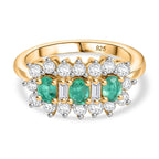 Colombian Emerald & White Zircon Boat Ring in 18K Vermeil Yellow Gold Plated Sterling Silver 1.60 Ct.