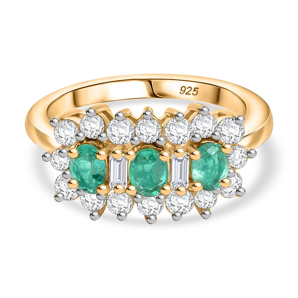 Colombian Emerald &amp; White Zircon Boat Ring in 18K Vermeil Yellow Gold Plated Sterling Silver 1.60 Ct. 8128696 0
