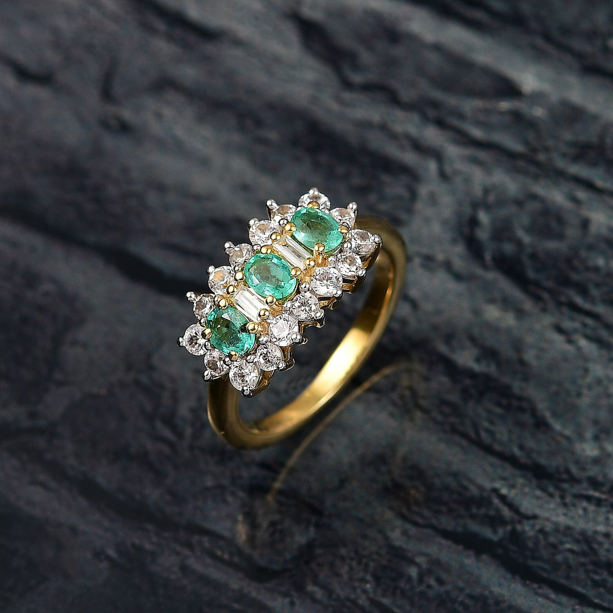 Colombian Emerald &amp; White Zircon Boat Ring in 18K Vermeil Yellow Gold Plated Sterling Silver 1.60 Ct. 8128696 2
