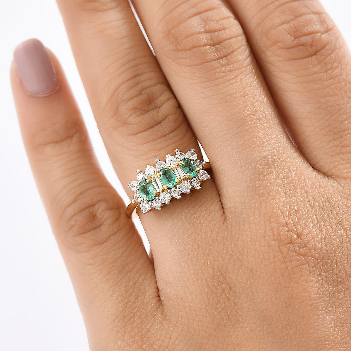 Colombian Emerald &amp; White Zircon Boat Ring in 18K Vermeil Yellow Gold Plated Sterling Silver 1.60 Ct. 8128696 3