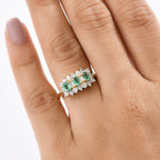 Colombian Emerald & White Zircon Boat Ring in 18K Vermeil Yellow Gold Plated Sterling Silver 1.60 Ct.