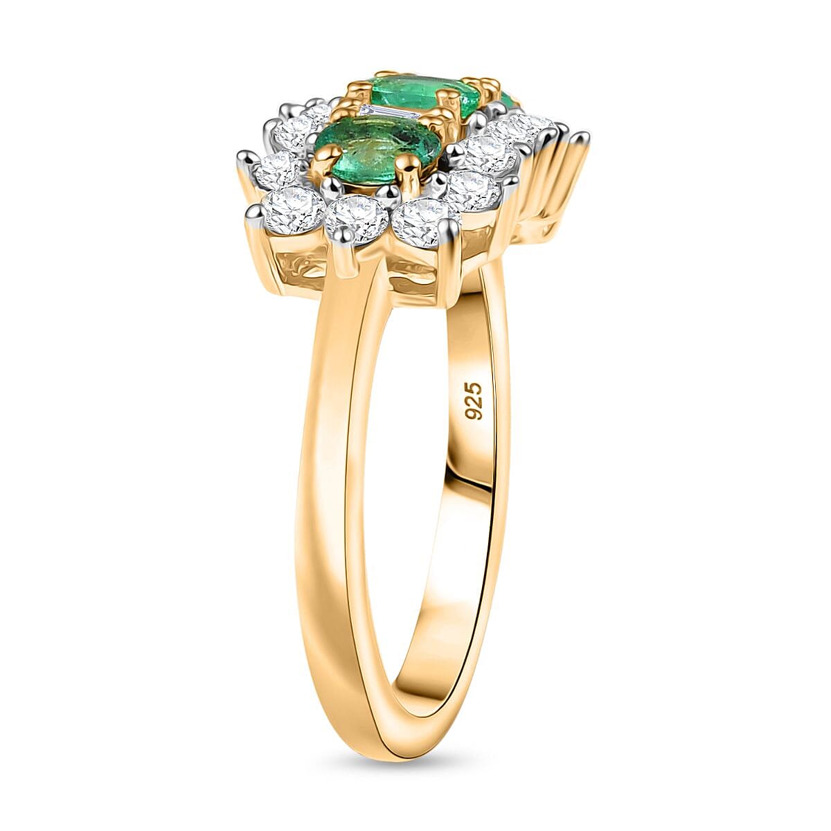 Colombian Emerald &amp; White Zircon Boat Ring in 18K Vermeil Yellow Gold Plated Sterling Silver 1.60 Ct. 8128696 4