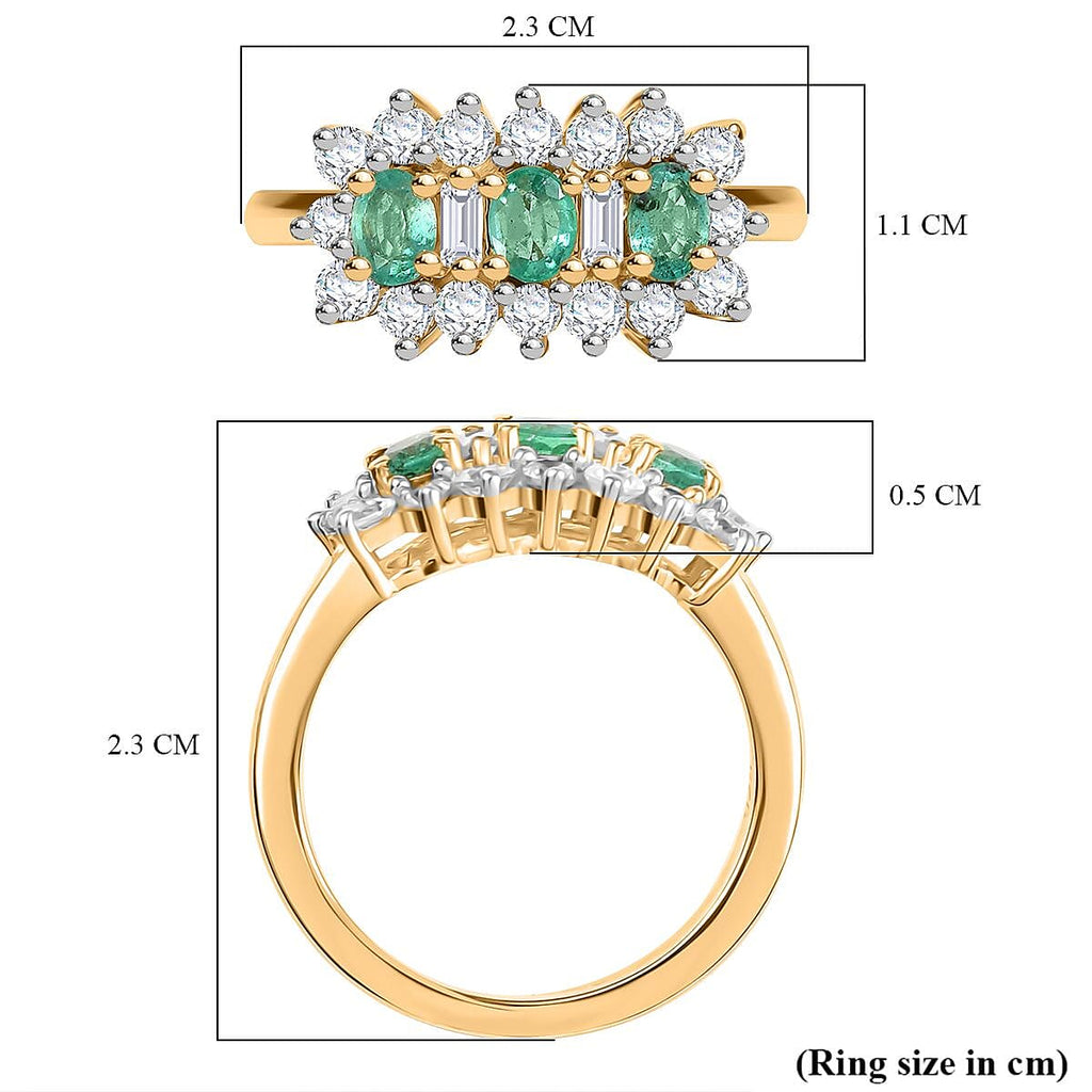 Colombian Emerald & White Zircon Boat Ring in 18K Vermeil Yellow Gold Plated Sterling Silver 1.60 Ct.
