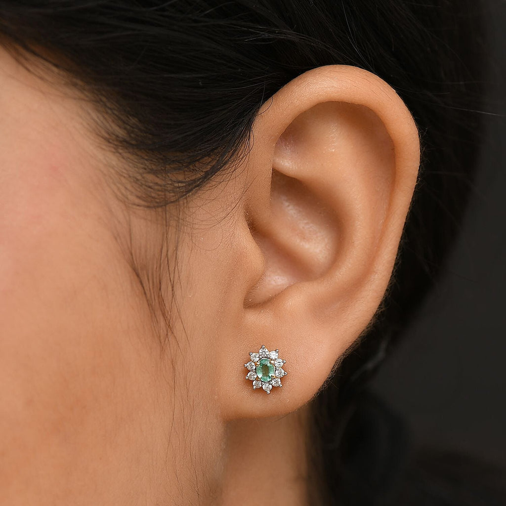 Colombian Emerald & White Zircon Stud Push Back Earring in 18K Vermeil Yellow Gold Plated Sterling Silver