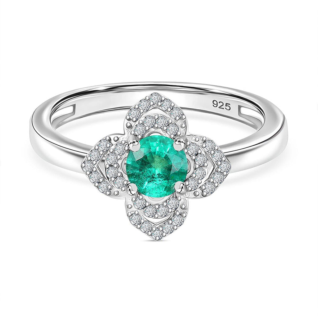 Colombian Emerald & White Zircon Ring in Rhodium Overlay Sterling Silver