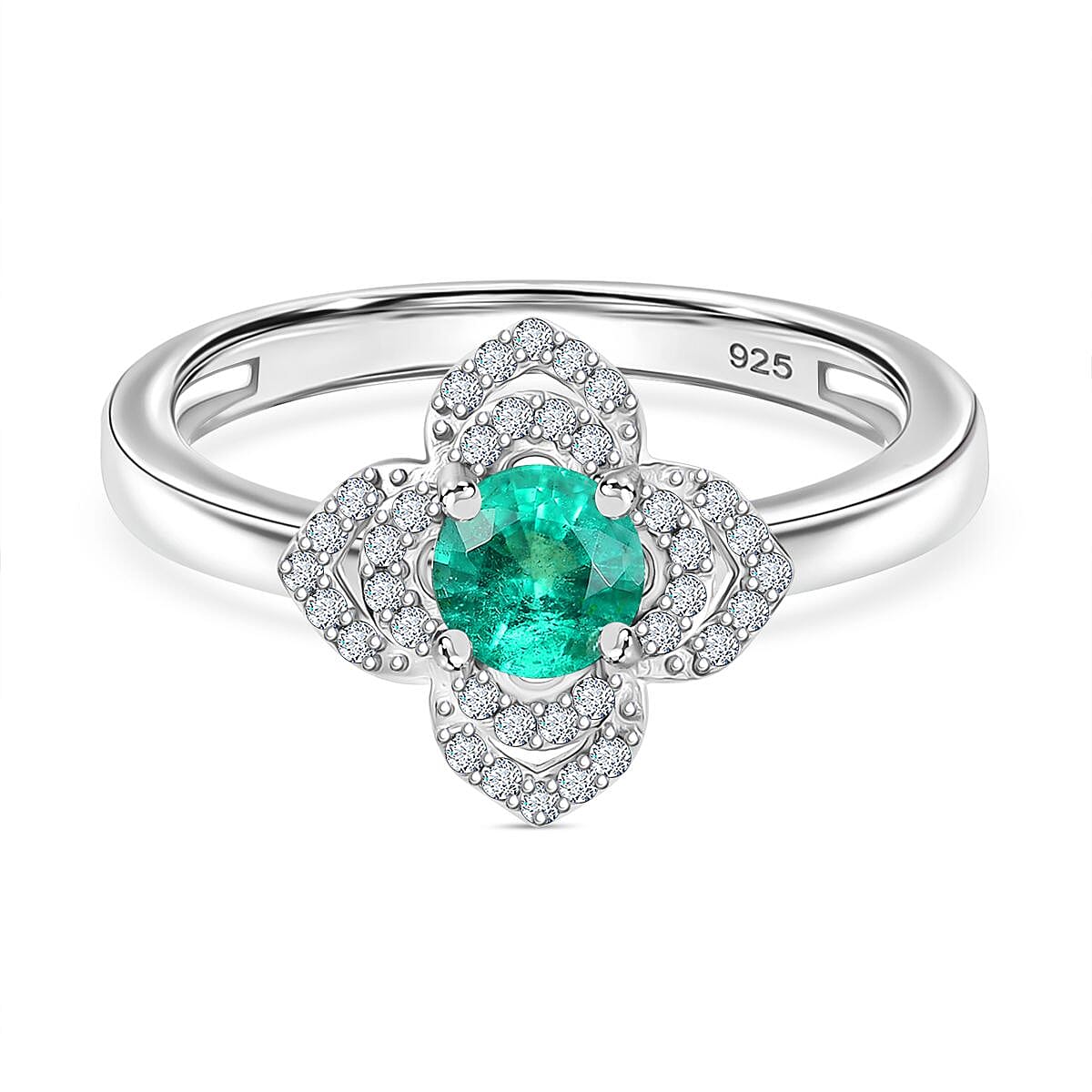Colombian Emerald, White Zircon Floral Ring in Rhodium Overlay Sterling Silver 8128535 0
