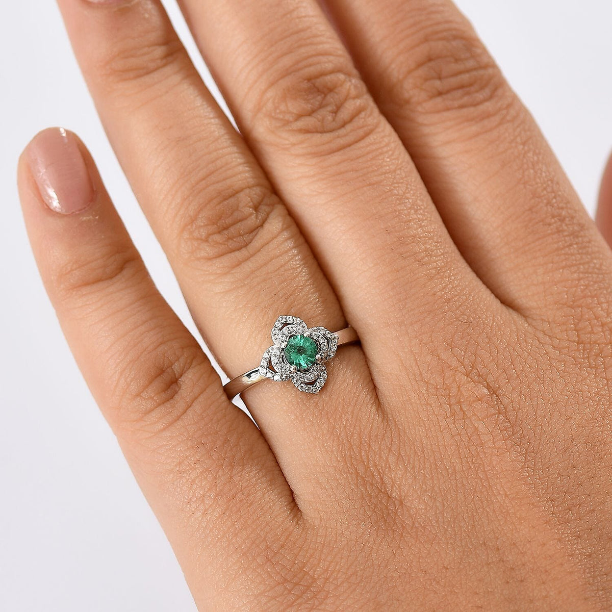 Colombian Emerald, White Zircon Floral Ring in Rhodium Overlay Sterling Silver 8128535 3