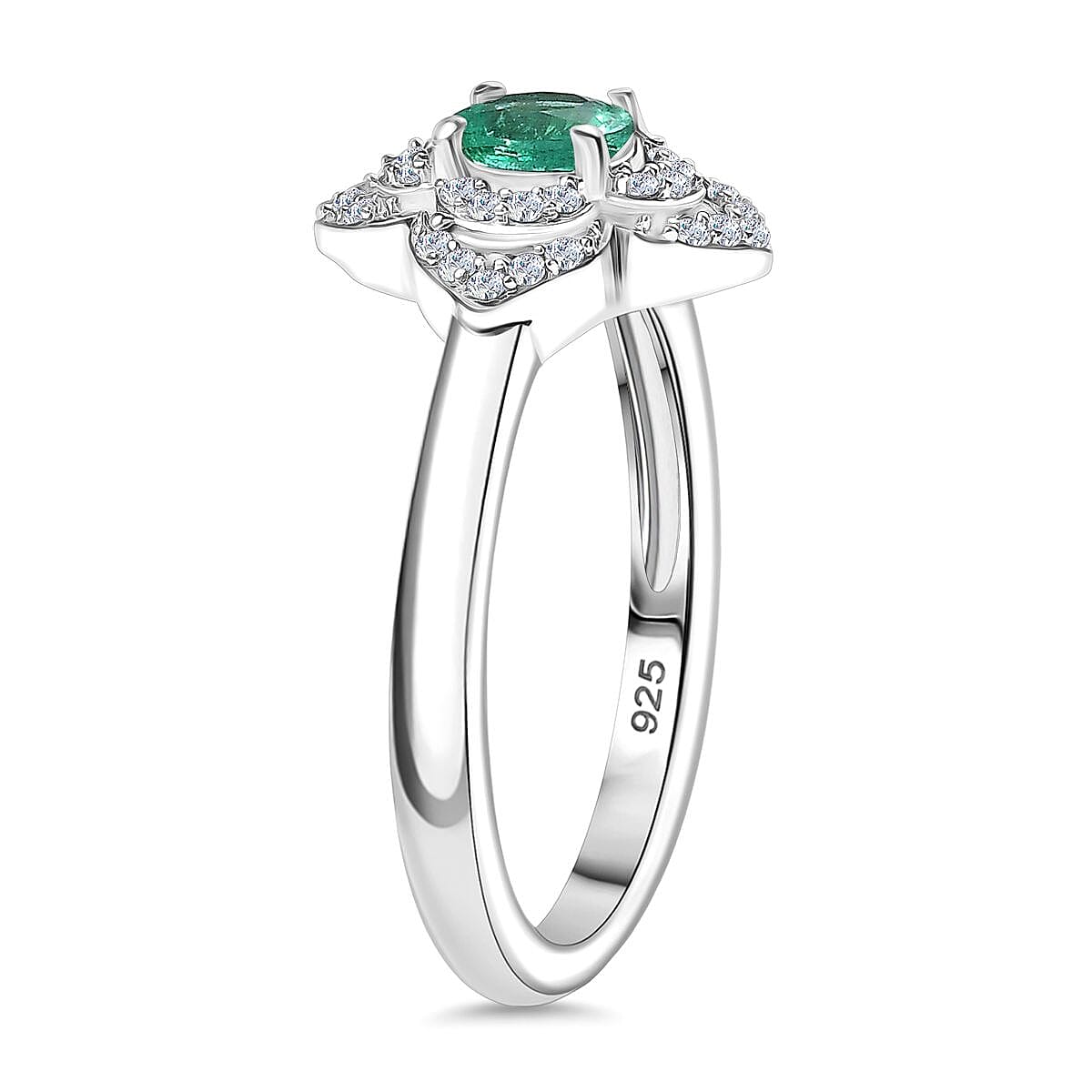 Colombian Emerald, White Zircon Floral Ring in Rhodium Overlay Sterling Silver 8128535 4
