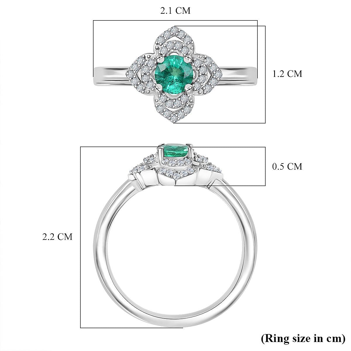 Colombian Emerald, White Zircon Floral Ring in Rhodium Overlay Sterling Silver 8128535 6