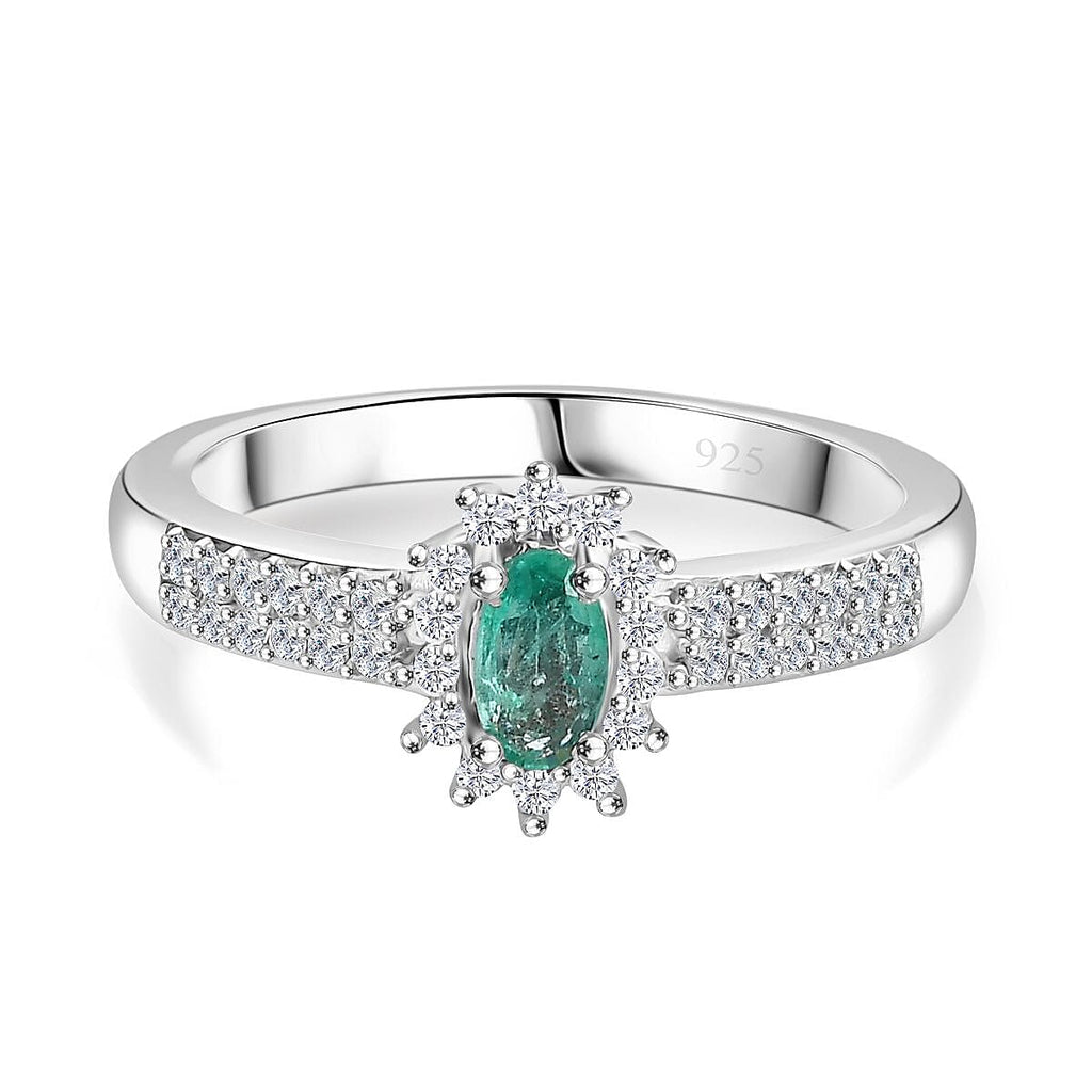 Colombian Emerald & White Zircon Ring in Rhodium Overlay Sterling Silver