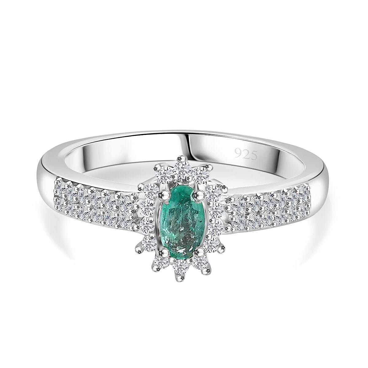Colombian Emerald, White Zircon Halo Ring in Rhodium Overlay Sterling Silver 7888061 0