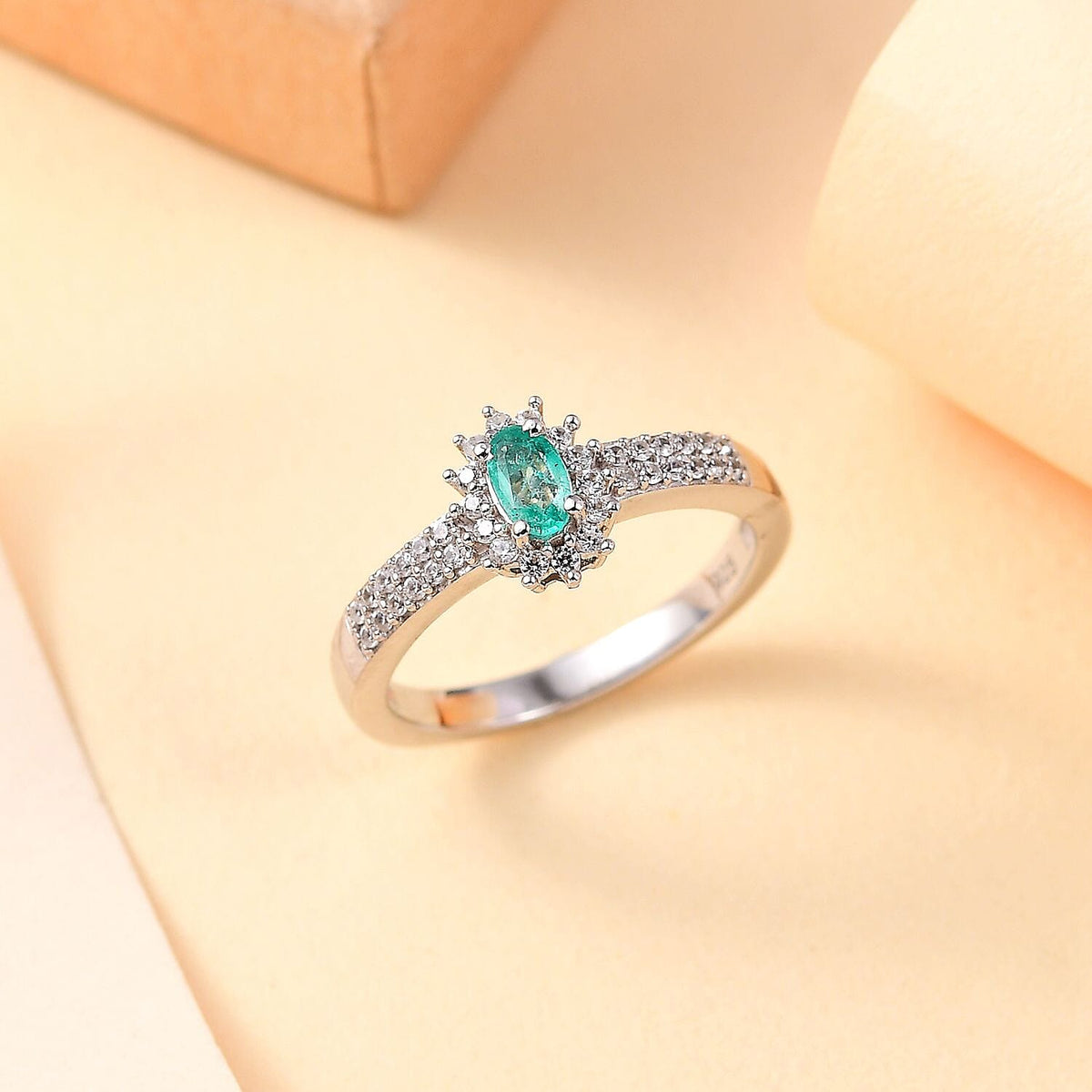 Colombian Emerald, White Zircon Halo Ring in Rhodium Overlay Sterling Silver 7888061 1