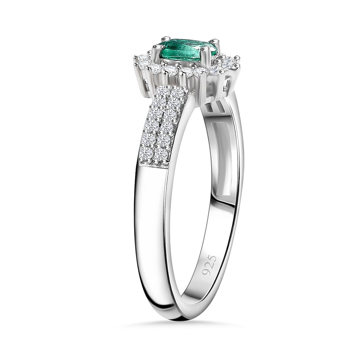 Colombian Emerald, White Zircon Halo Ring in Rhodium Overlay Sterling Silver 7888061 3