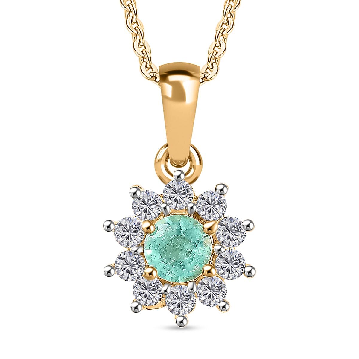 Colombian Emerald, White Zircon Halo Pendant with Chain (Size 20) in 18K Yellow Gold Vermeil Plated Sterling Silver 4307457 0