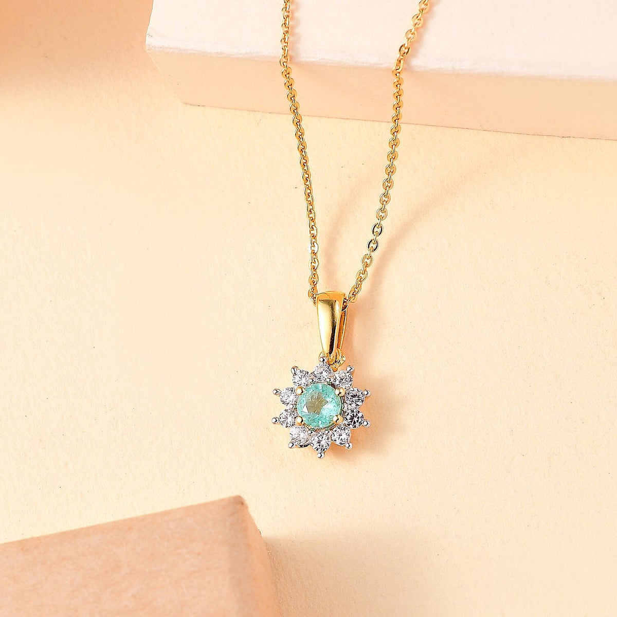 Colombian Emerald, White Zircon Halo Pendant with Chain (Size 20) in 18K Yellow Gold Vermeil Plated Sterling Silver 4307457 3