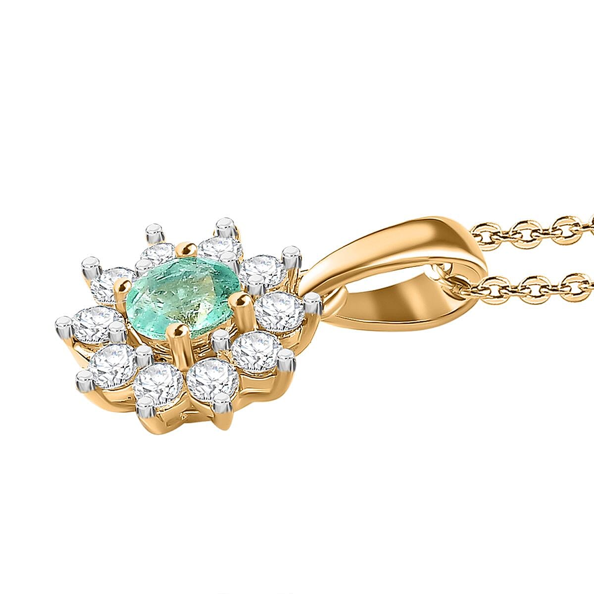 Colombian Emerald, White Zircon Halo Pendant with Chain (Size 20) in 18K Yellow Gold Vermeil Plated Sterling Silver 4307457 4