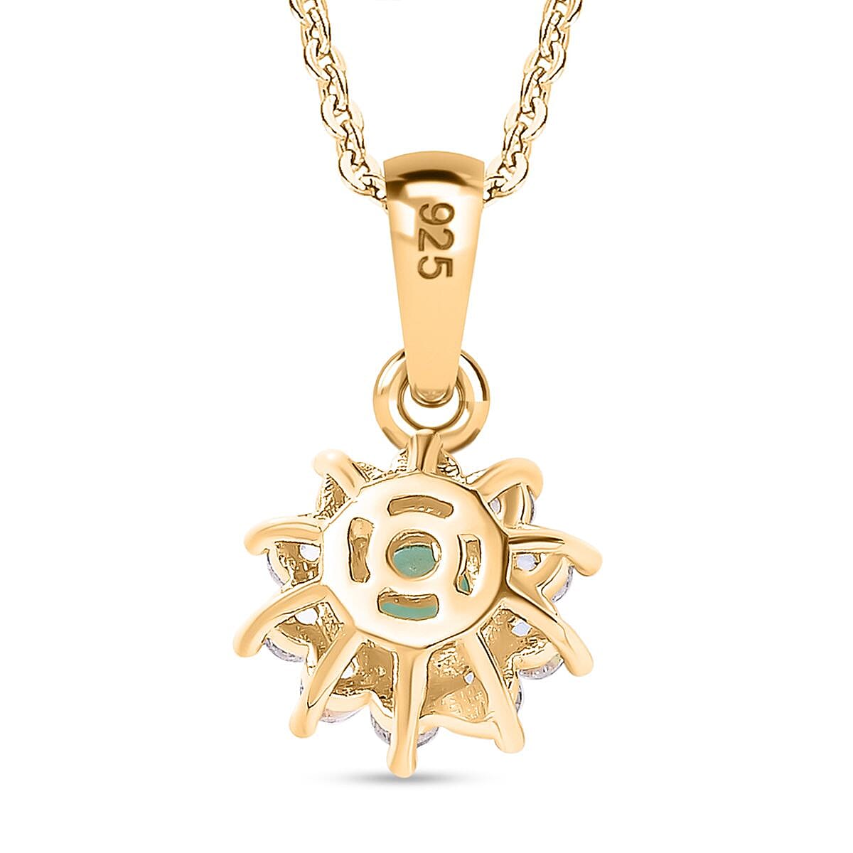 Colombian Emerald, White Zircon Halo Pendant with Chain (Size 20) in 18K Yellow Gold Vermeil Plated Sterling Silver 4307457 5