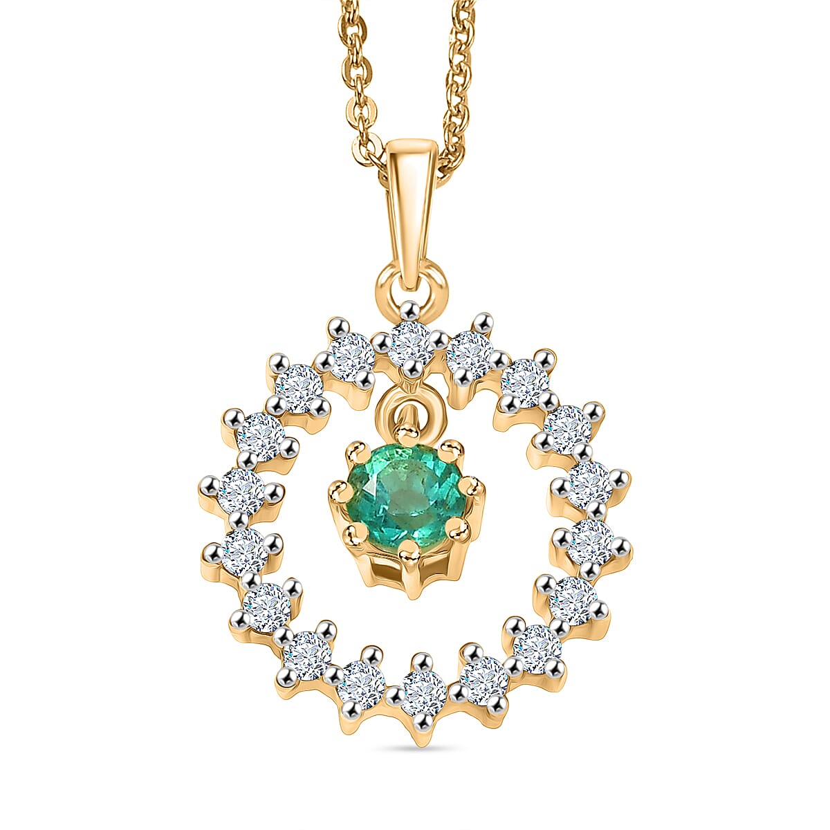 Colombian Emerald, White Zircon Circle Drop Pendant with Chain (Size 20) in 18K Vermeil Yellow Gold Plated Sterling Silver 4375324 0